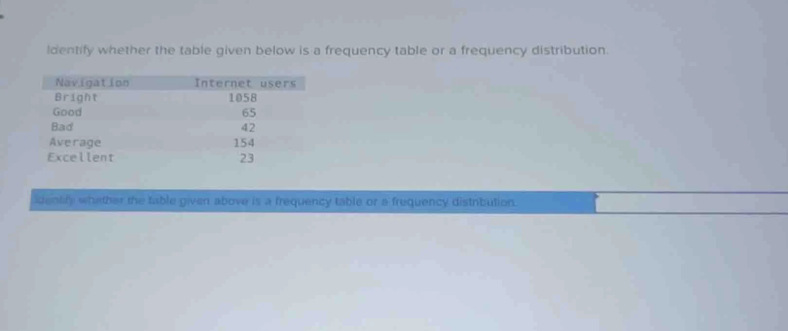 identify whether the table given below is a frequency table or a freque…
