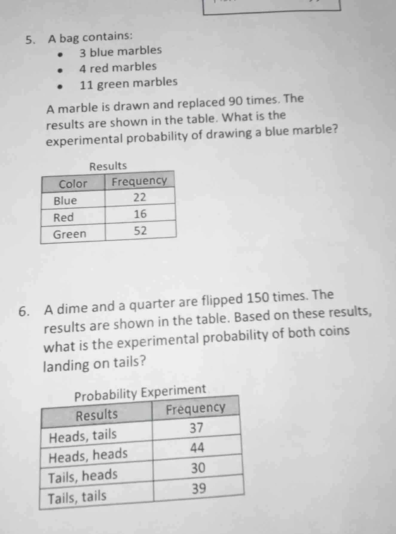 5. a bag contains: • 3 blue marbles • 4 red marbles • 11 green marbles …