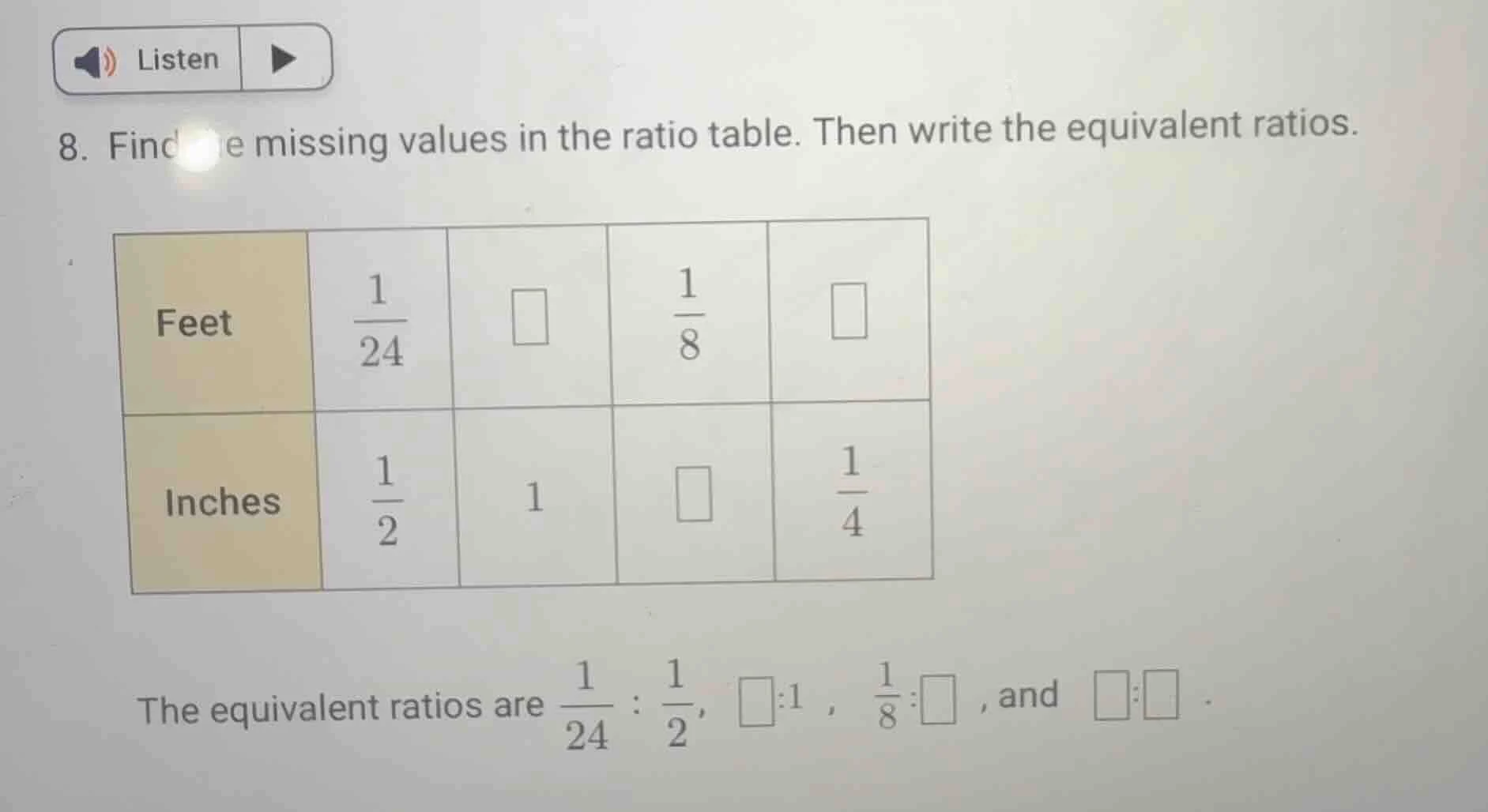 8. find the missing values in the ratio table. then write the equivalen…