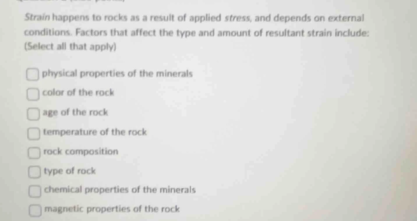 strain happens to rocks as a result of applied stress, and depends on e…