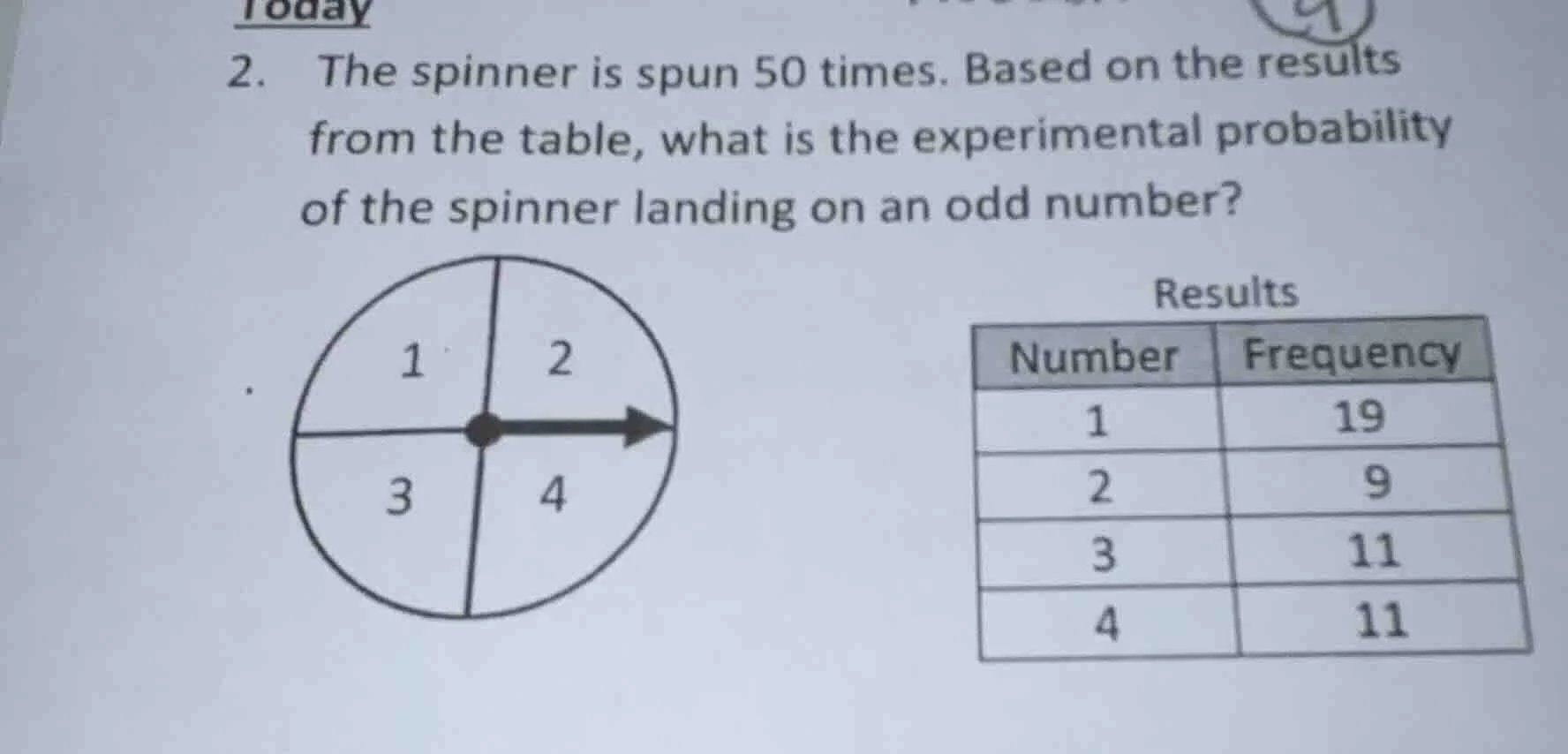 today 2. the spinner is spun 50 times. based on the results from the ta…
