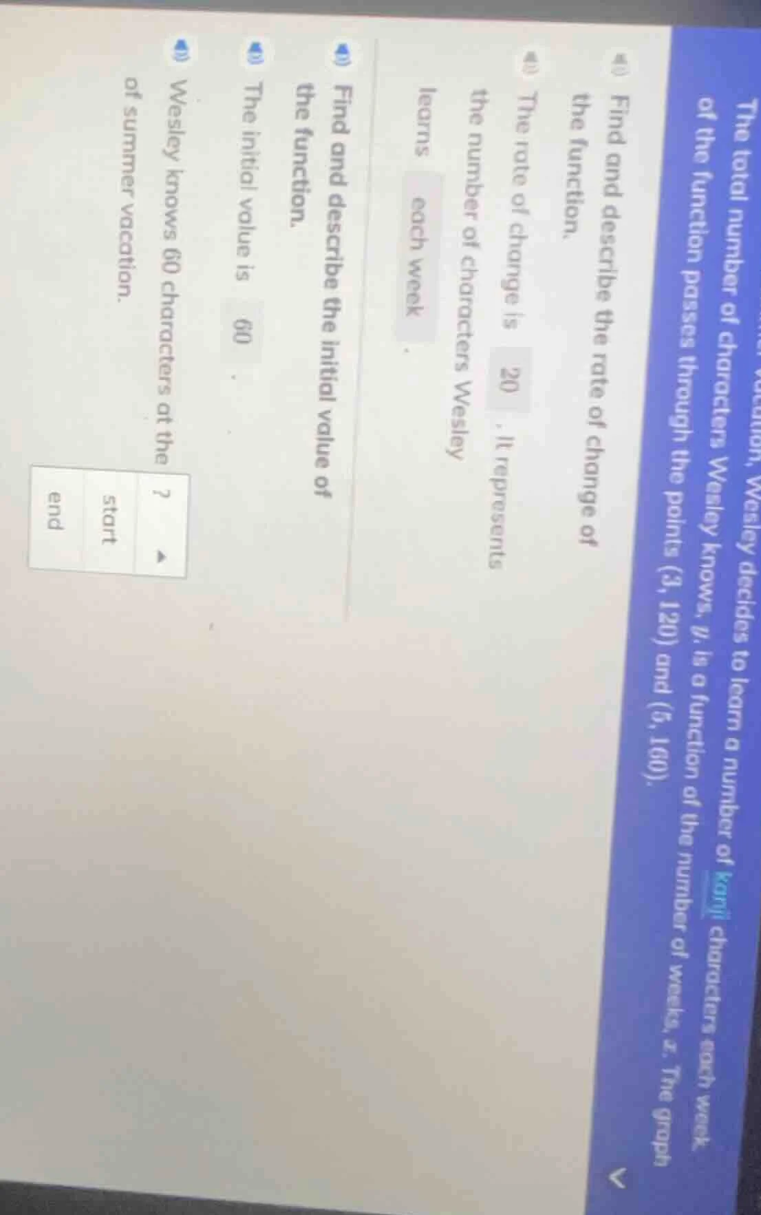 the total number of characters wesley knows, $y$, is a function of the …