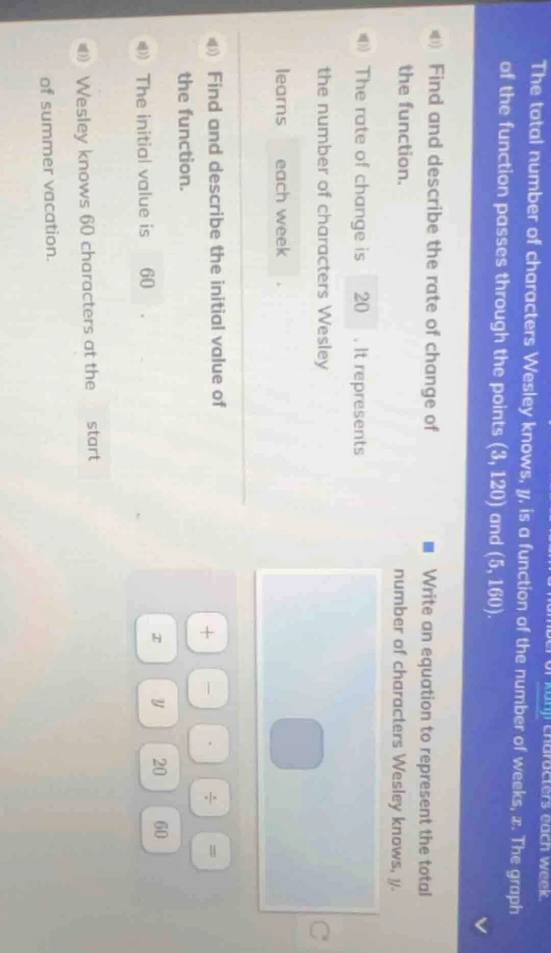 the total number of characters wesley knows, $y$, is a function of the …