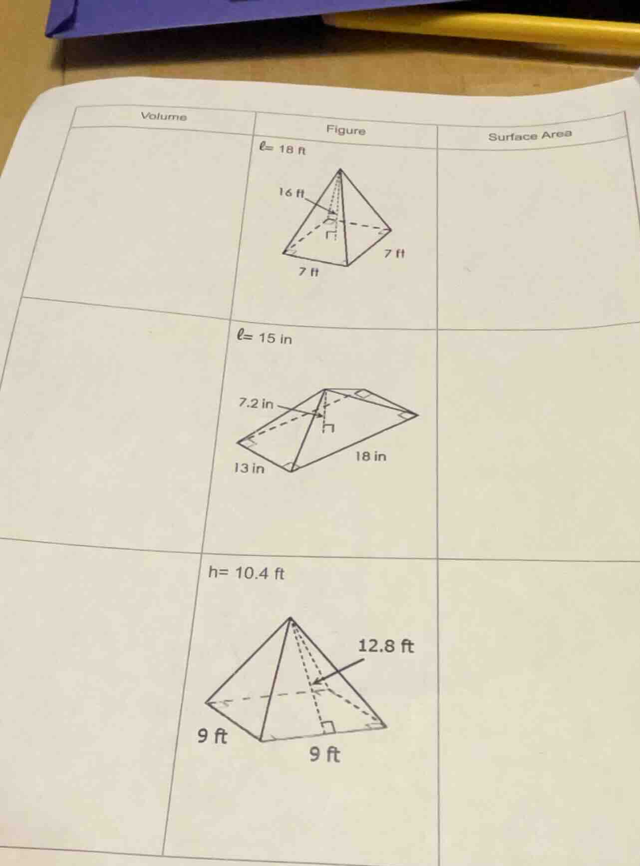 volume figure surface area $ell=18$ ft $ell=15$ in $h=10.4$ ft