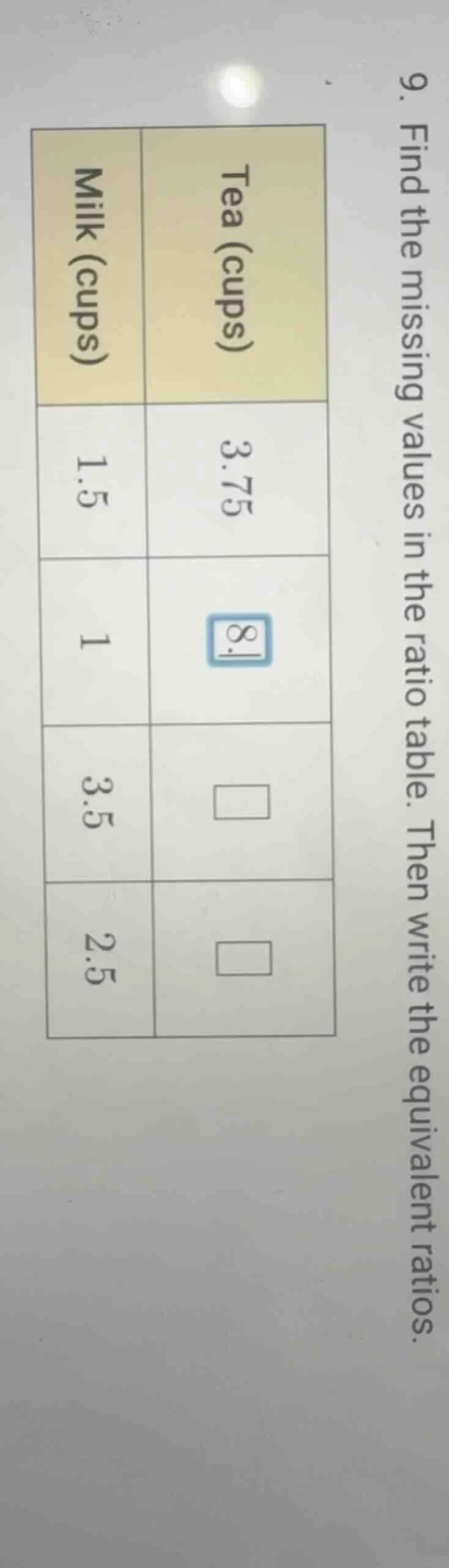9. find the missing values in the ratio table. then write the equivalen…