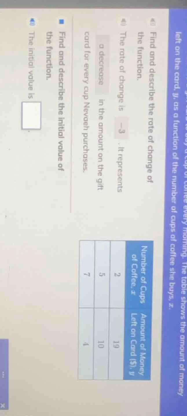 left on the card, y, as a function of the number of cups of coffee she …