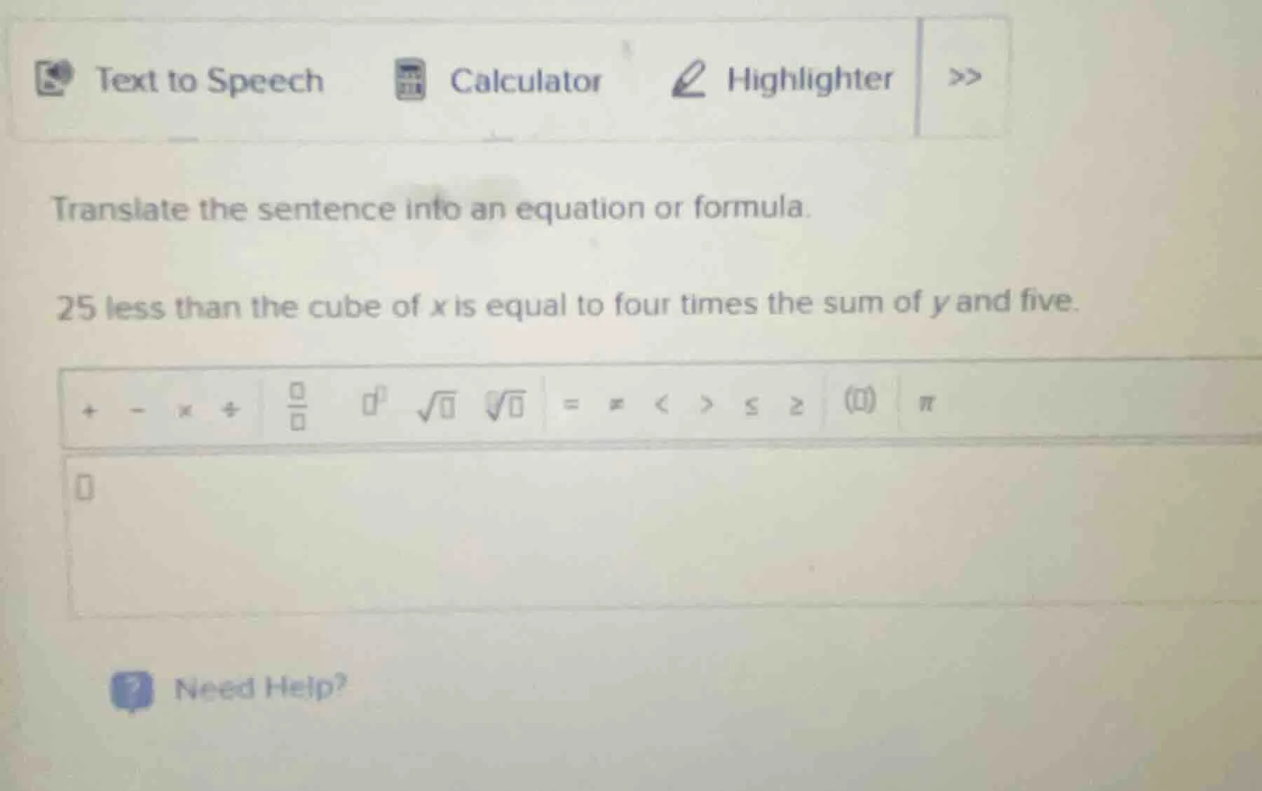 translate the sentence into an equation or formula. 25 less than the cu…