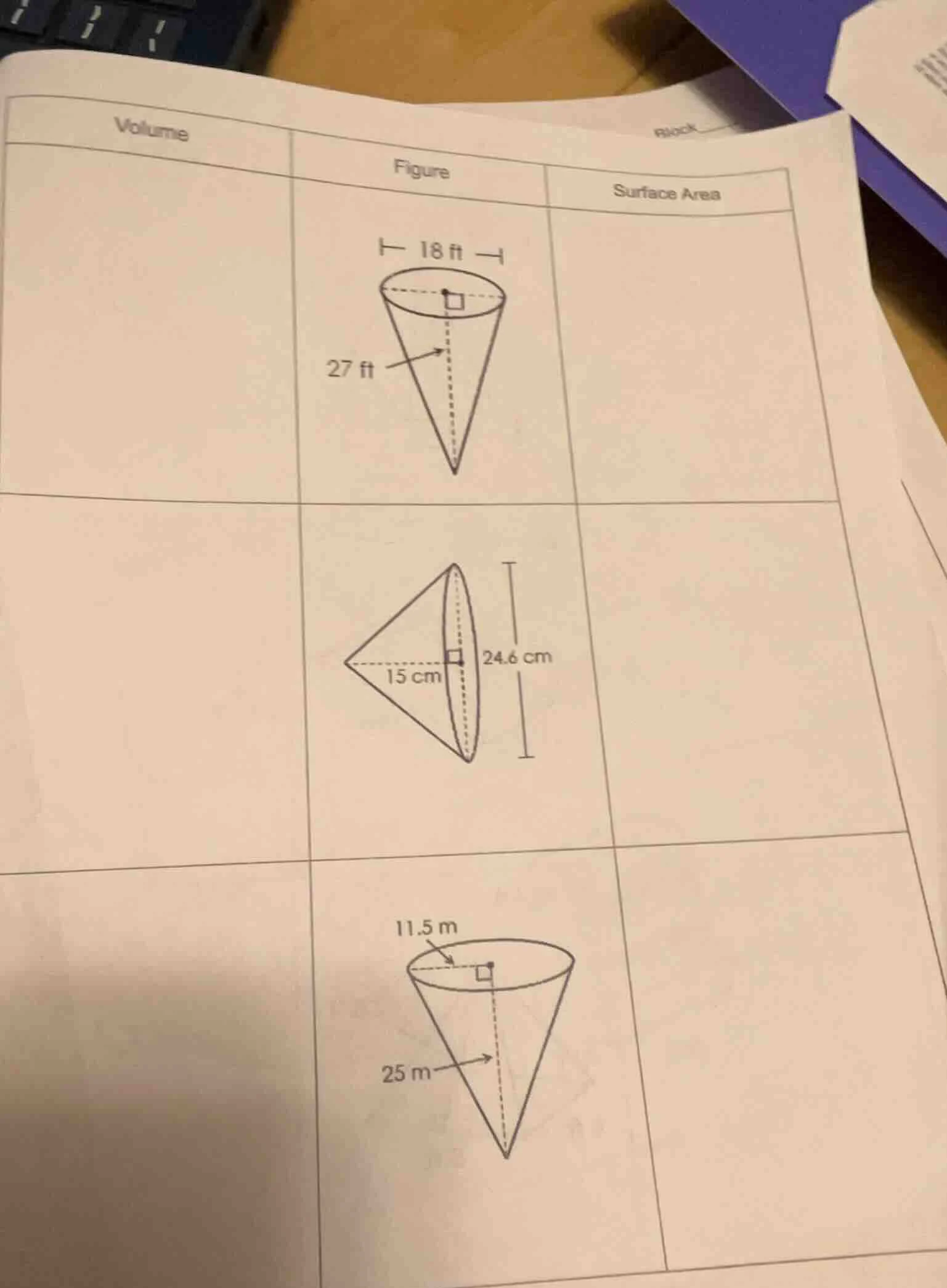 volume figure surface area 1. a cone with a diameter of 18 ft and a hei…