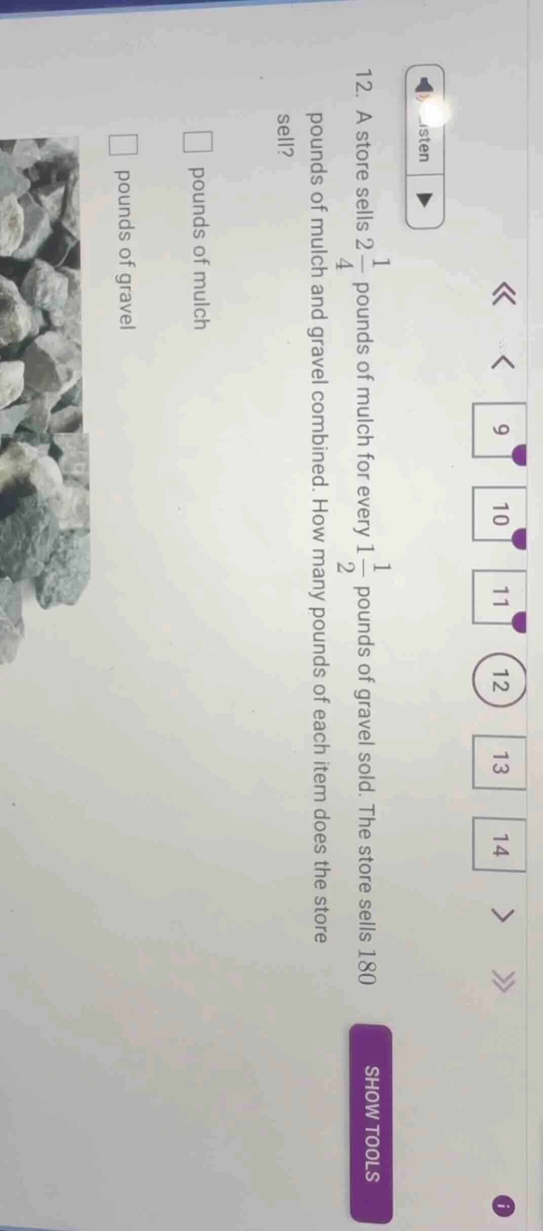 12. a store sells $2\\frac{1}{4}$ pounds of mulch for every $1\\frac{1}…