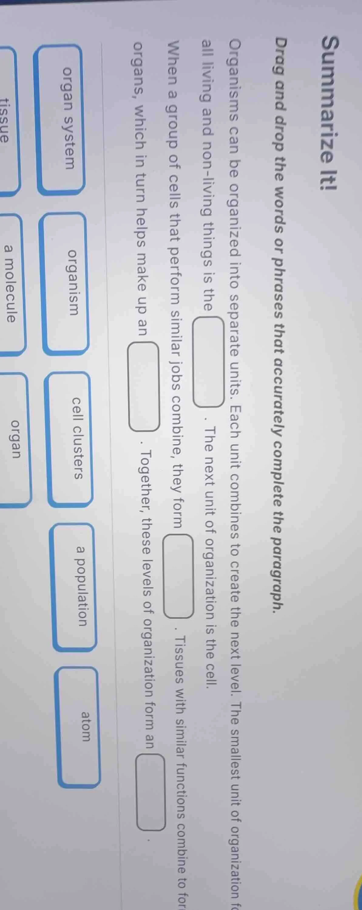 summarize it!drag and drop the words or phrases that accurately complet…