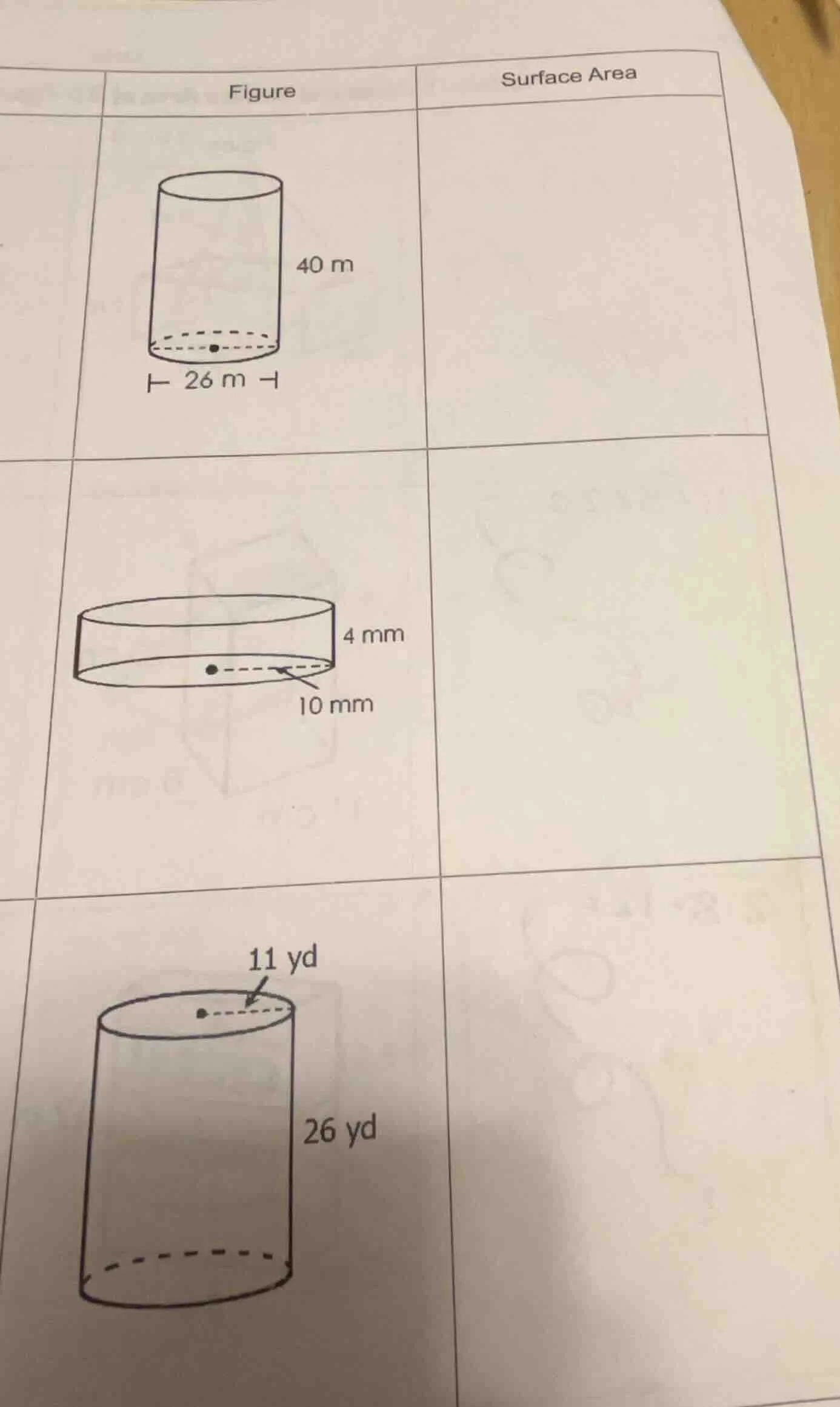 figure surface area 1. cylinder: height 40 m, base diameter 26 m, find …