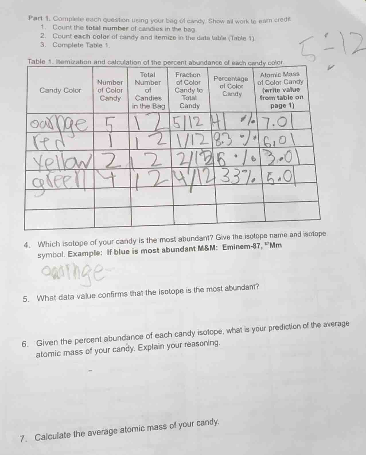 part 1. complete each question using your bag of candy. show all work t…