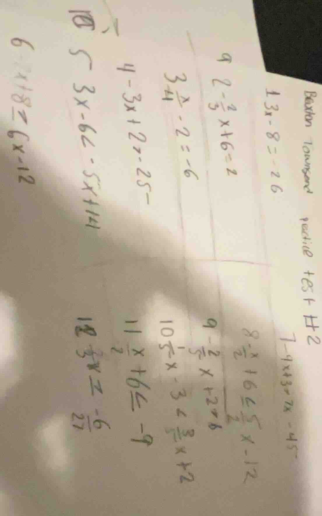 baxton townsend practice test #2 1. $3x - 8 = -26$ 2. $2 - \\frac{2}{3}…