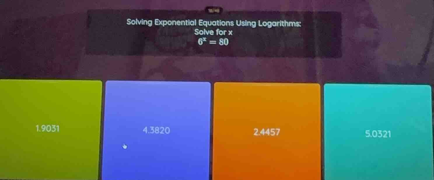 solving exponential equations using logarithms: solve for x $6^x = 80$ …