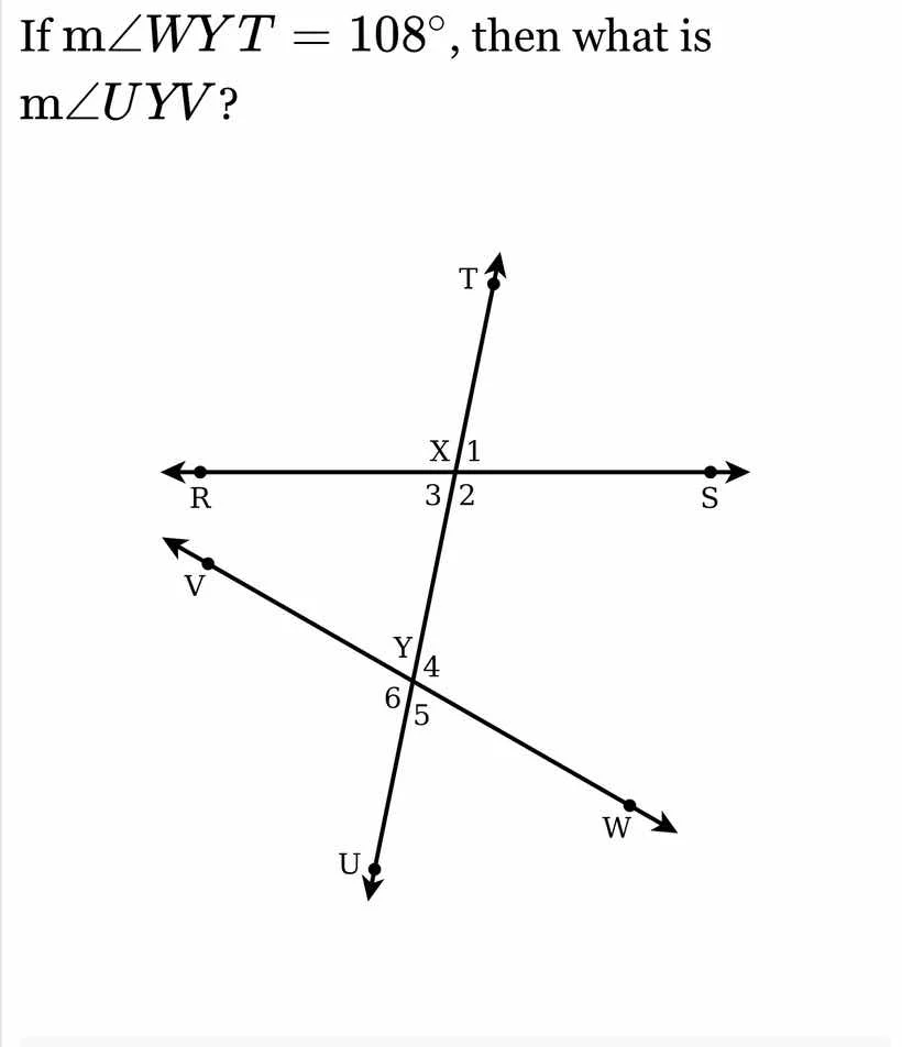 if $m\\angle wyt = 108^{\\circ}$, then what is $m\\angle uyv$?