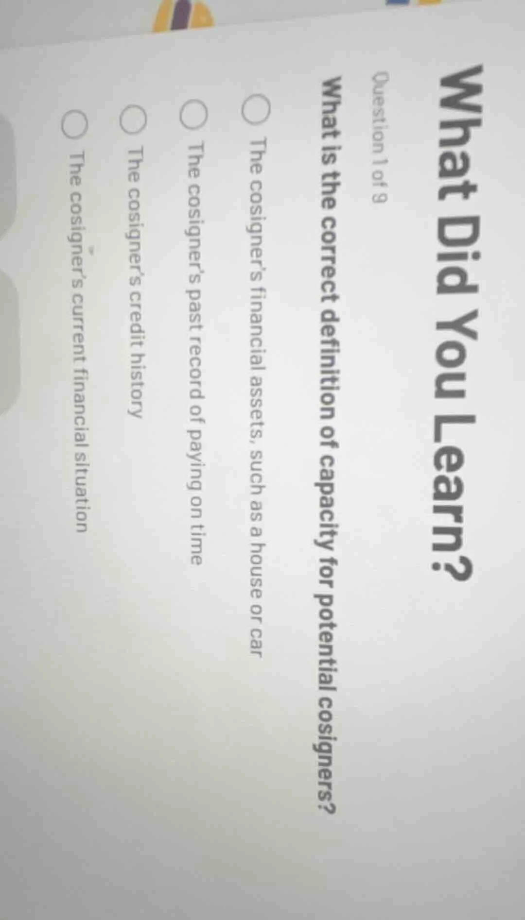 what did you learn? question 1 of 9 what is the correct definition of c…