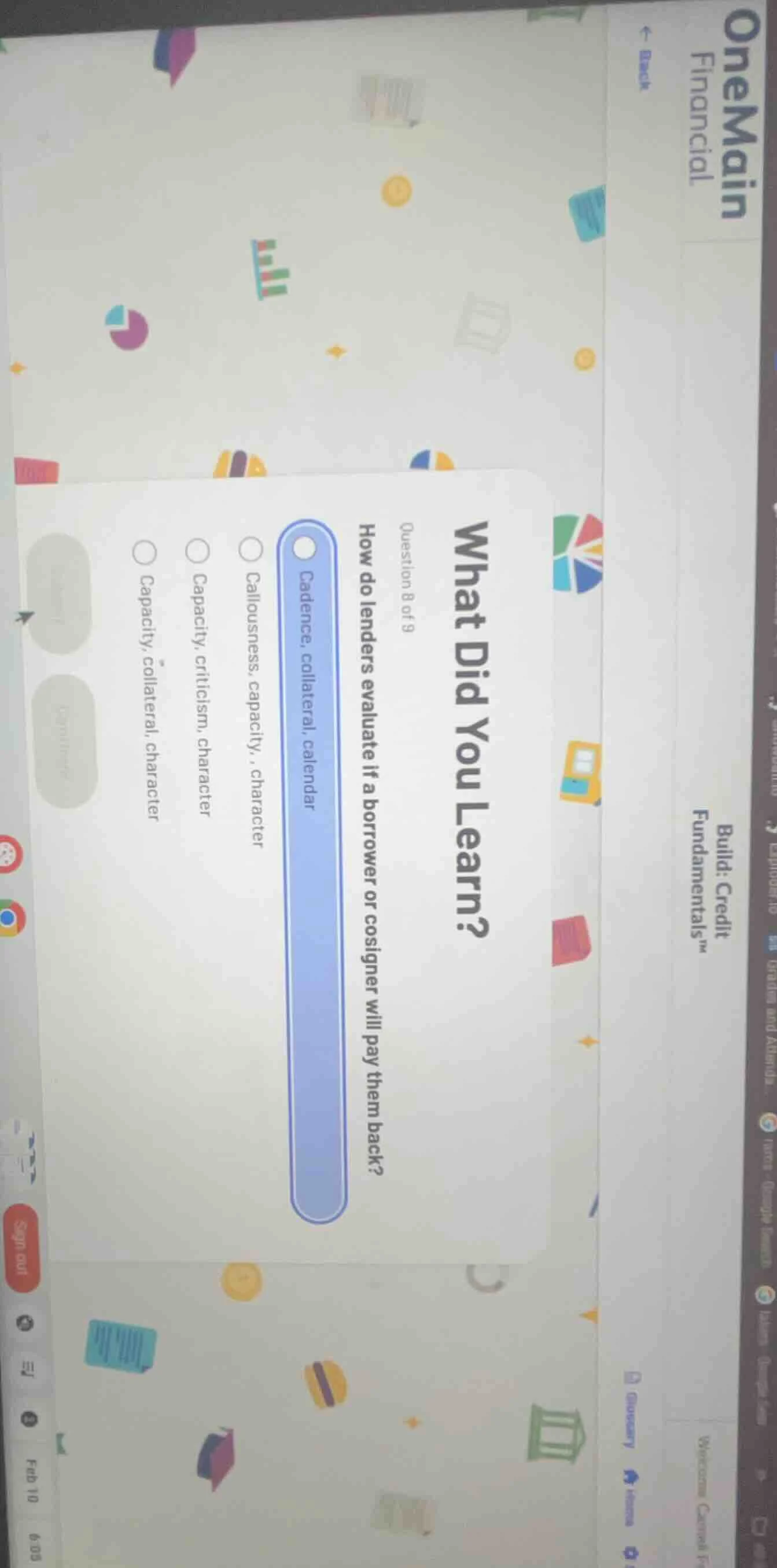 what did you learn? question 8 of 9 how do lenders evaluate if a borrow…