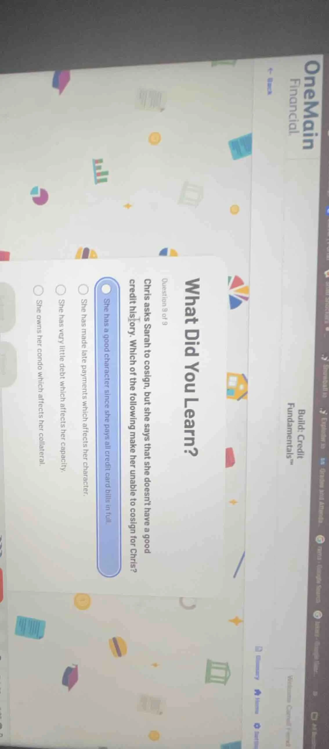 what did you learn? question 8 of 8 chris asks sarah to cosign, but she…