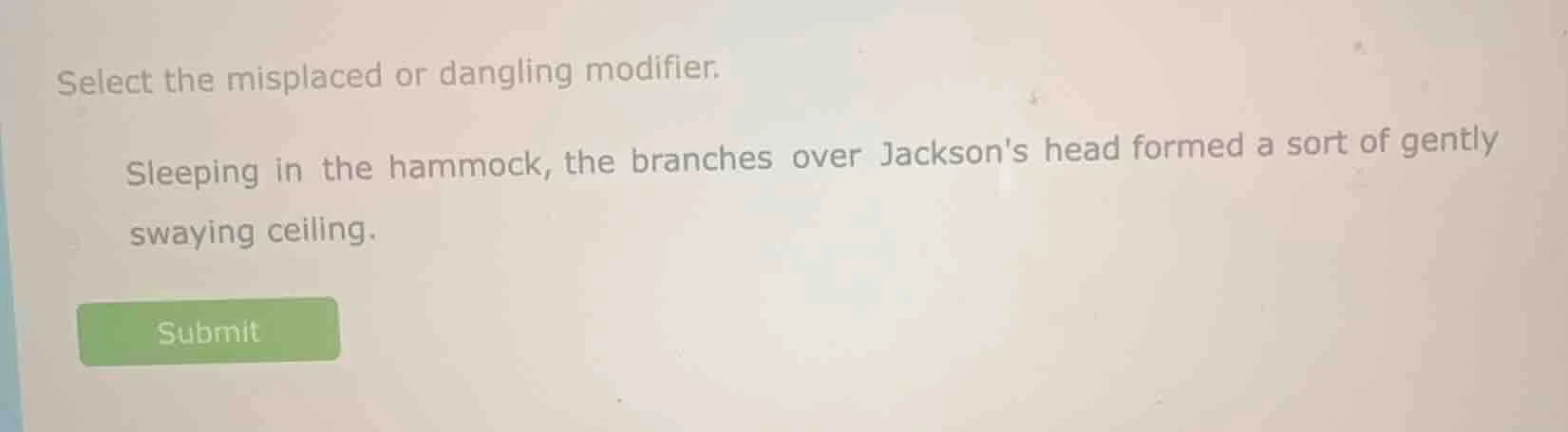 select the misplaced or dangling modifier. sleeping in the hammock, the…