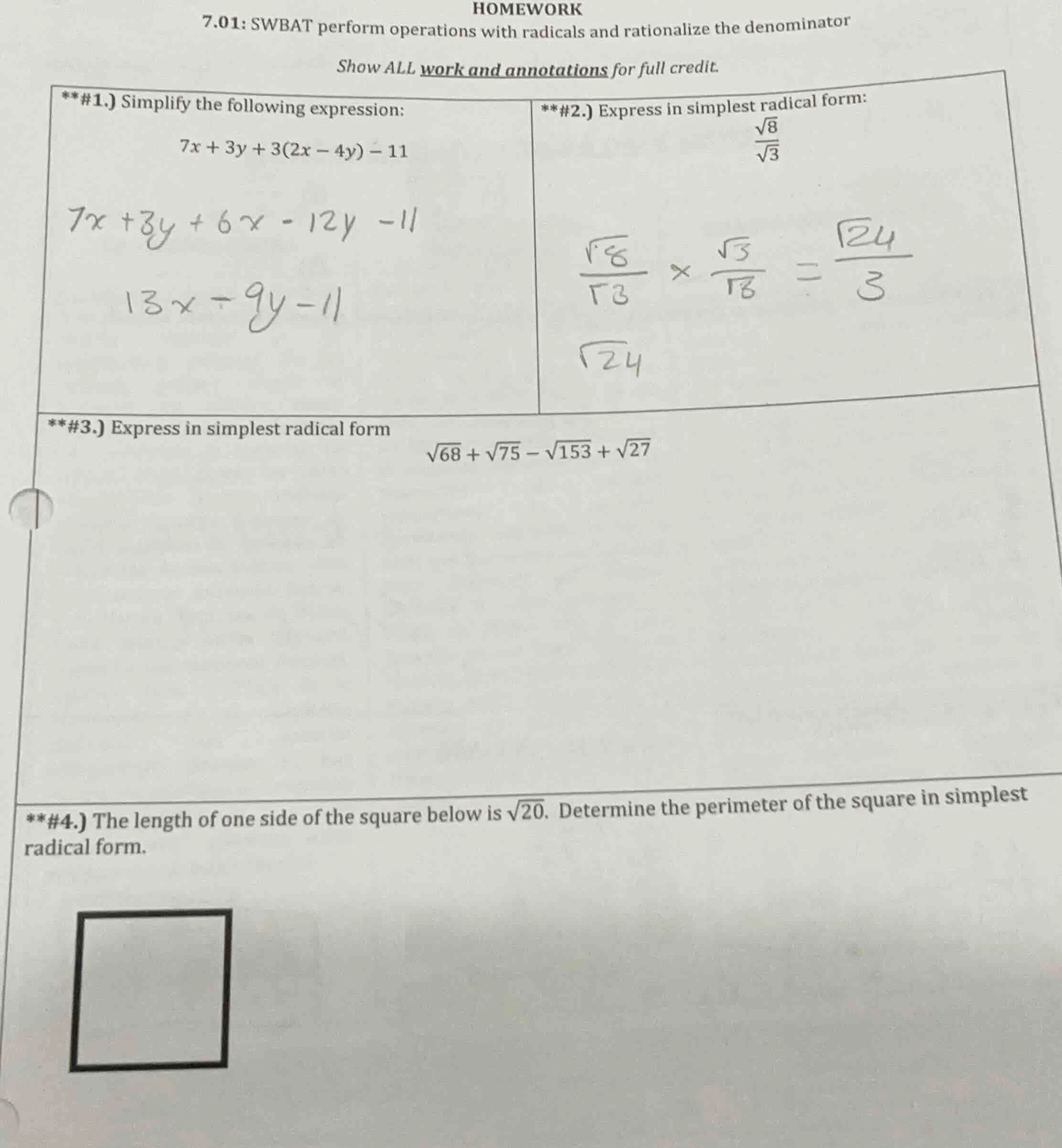 homework 7.01: swbat perform operations with radicals and rationalize t…