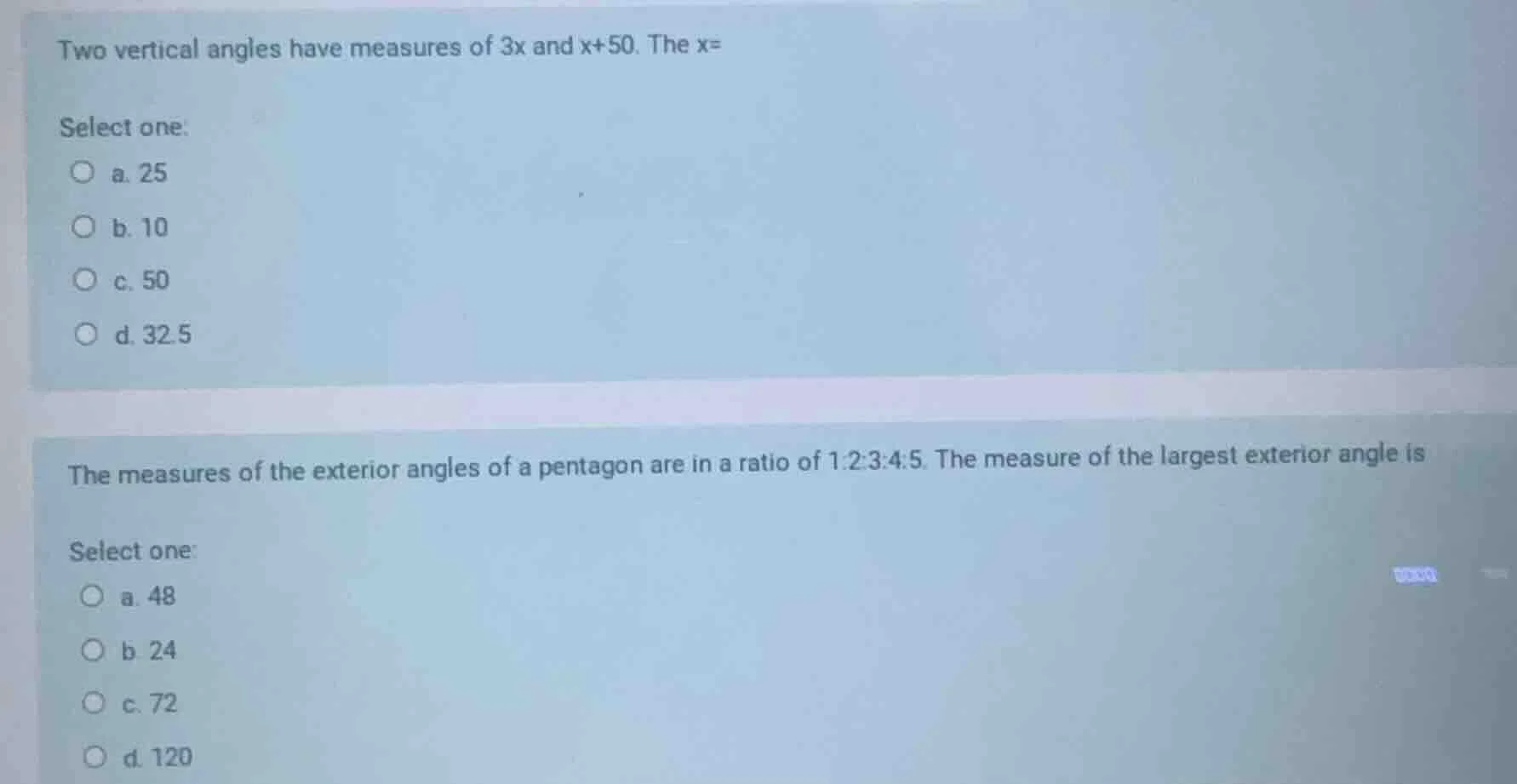 two vertical angles have measures of $3x$ and $x+50$. the $x=$ select o…