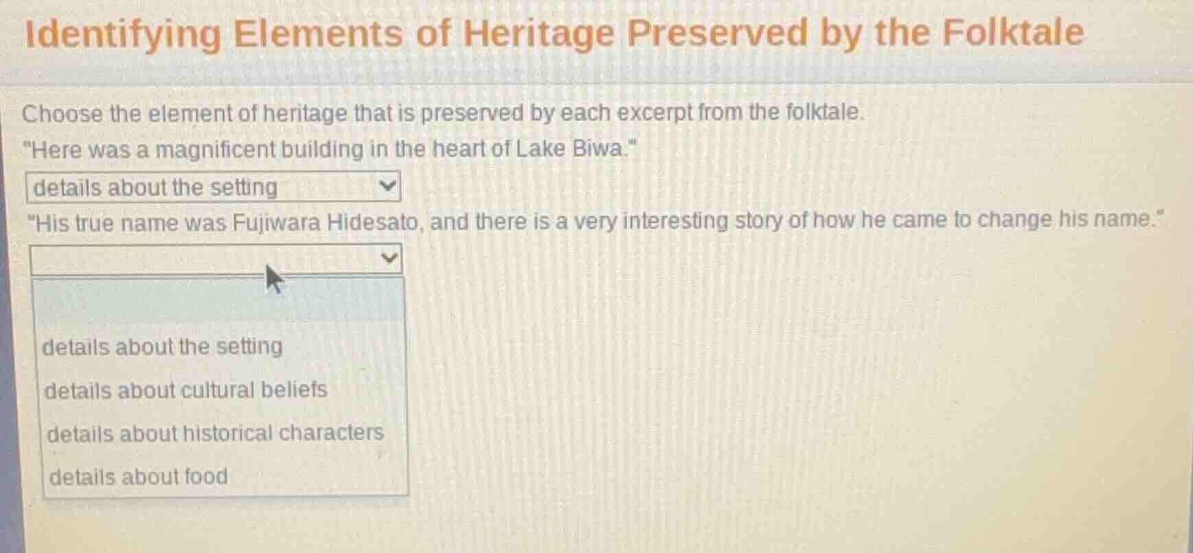 identifying elements of heritage preserved by the folktale choose the e…