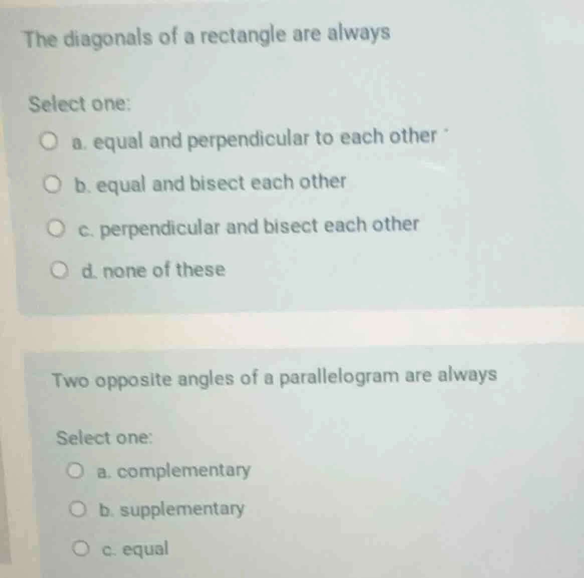 the diagonals of a rectangle are always select one: a. equal and perpen…