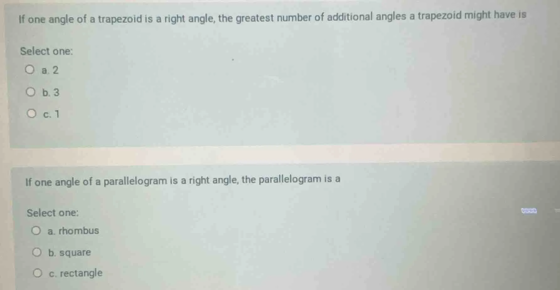 if one angle of a trapezoid is a right angle, the greatest number of ad…
