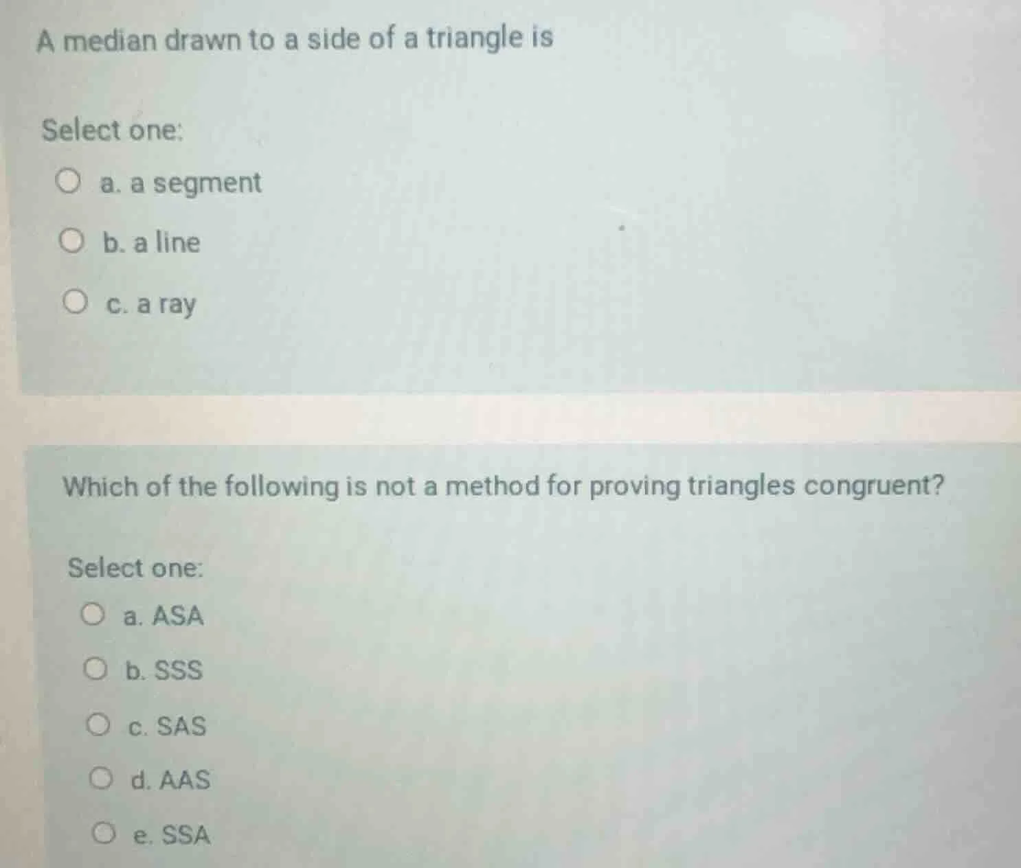 a median drawn to a side of a triangle is select one: a. a segment b. a…