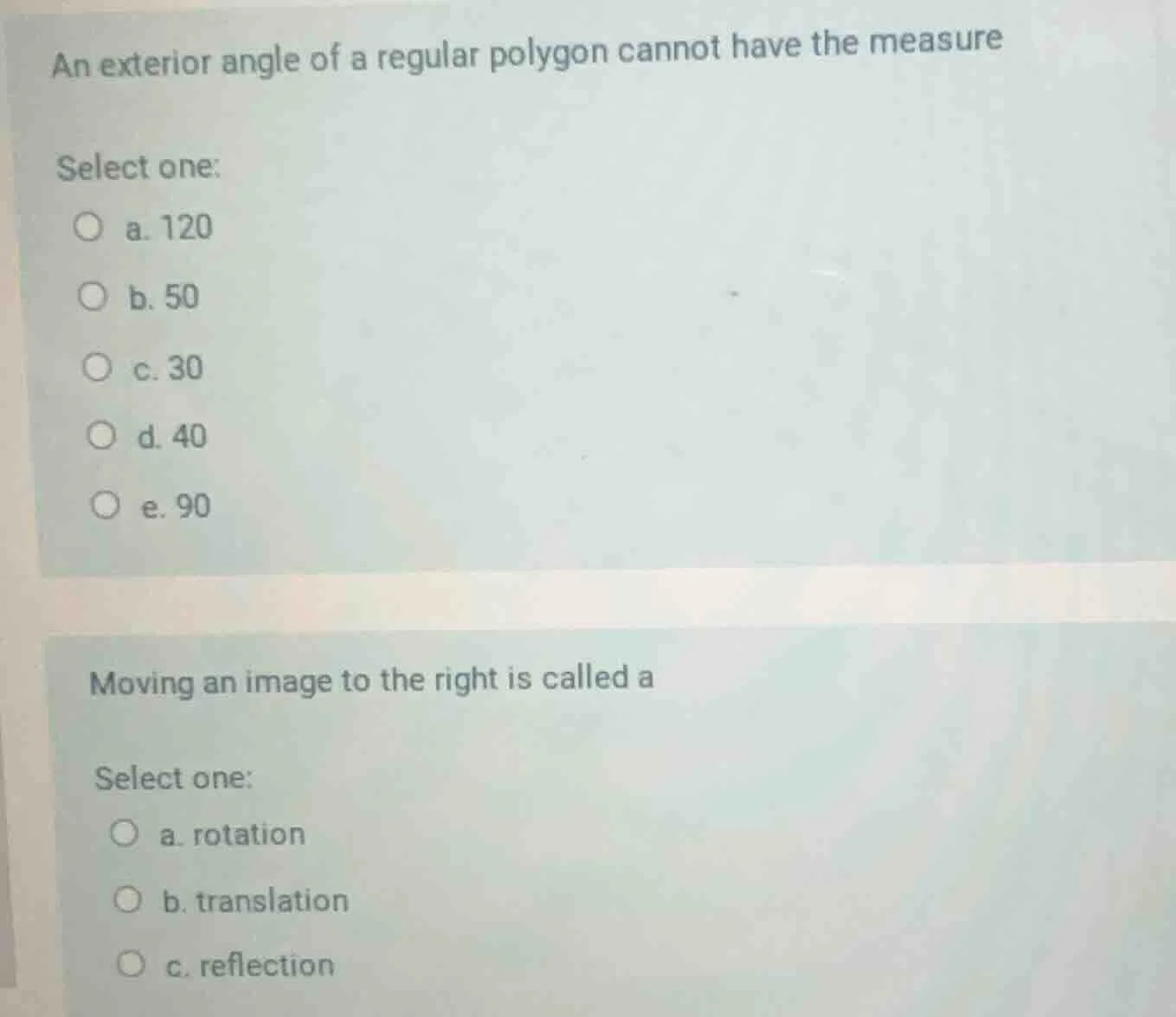 an exterior angle of a regular polygon cannot have the measure select o…