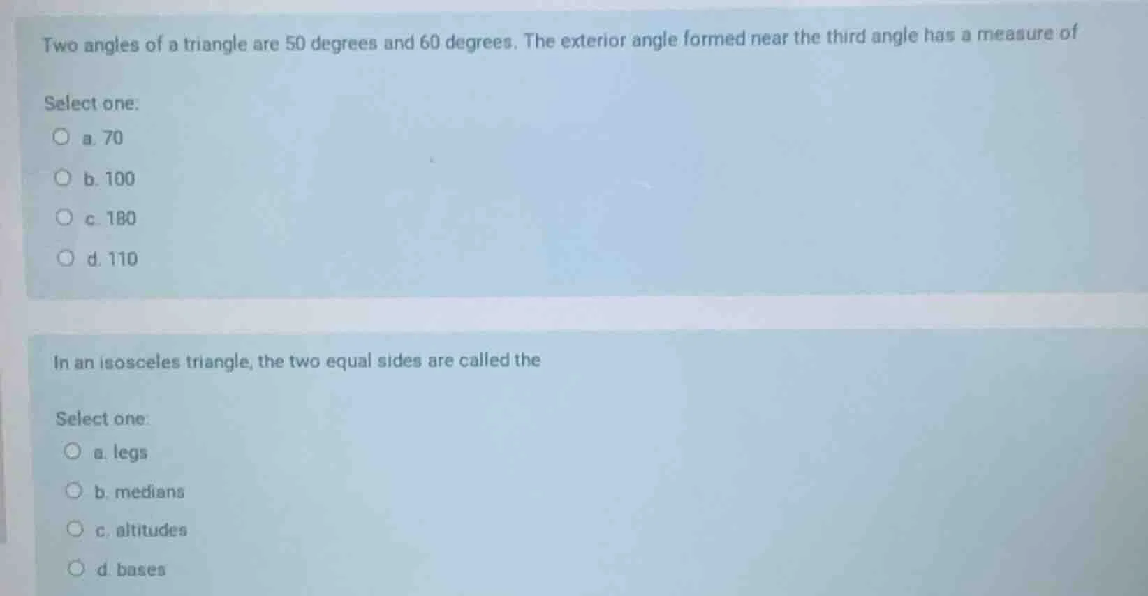 two angles of a triangle are 50 degrees and 60 degrees. the exterior an…