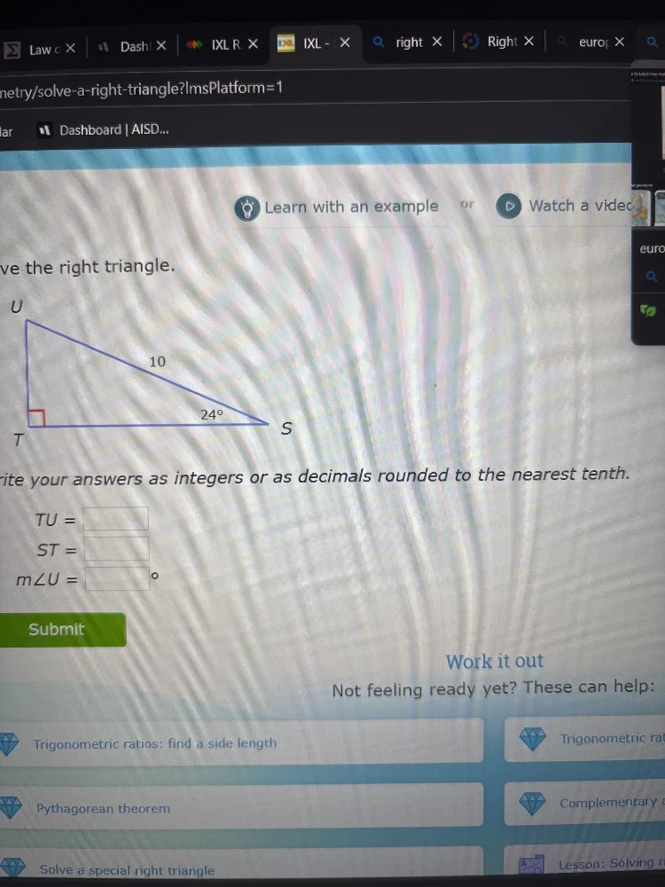 ve the right triangle. write your answers as integers or as decimals ro…
