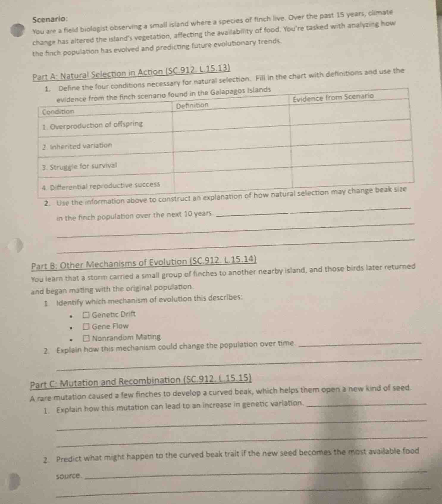 scenario: you are a field biologist observing a small island where a sp…
