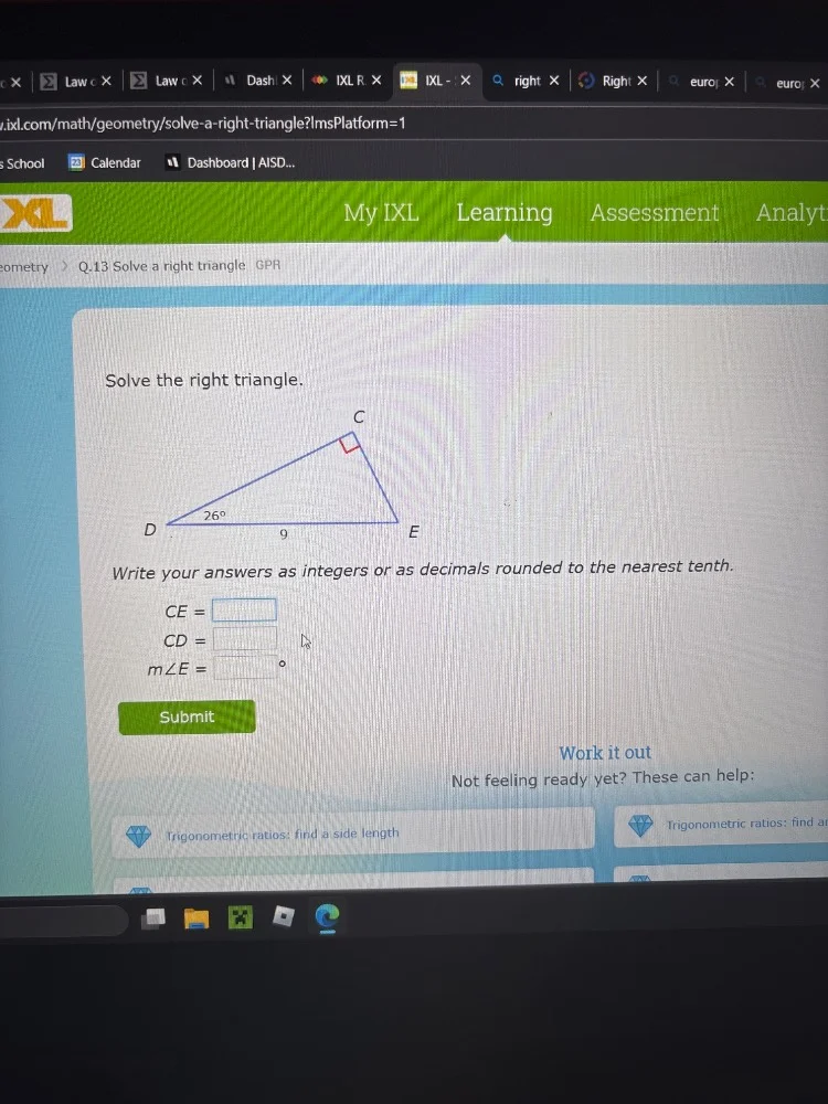solve the right triangle. write your answers as integers or as decimals…