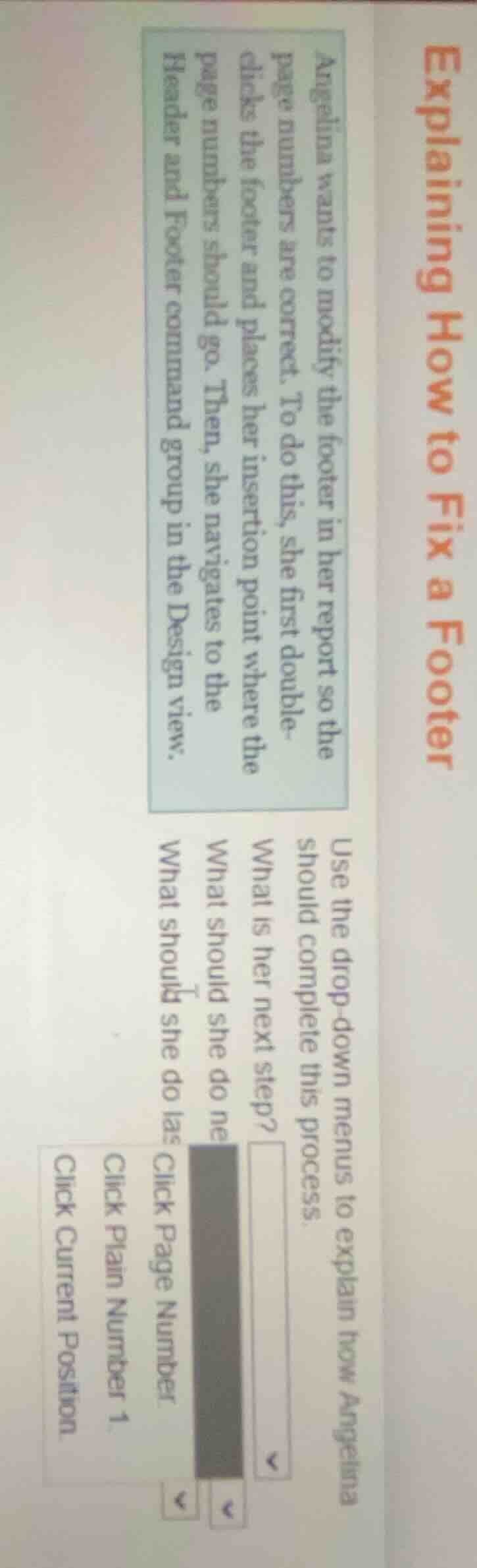 explaining how to fix a footer angelina wants to modify the footer in h…