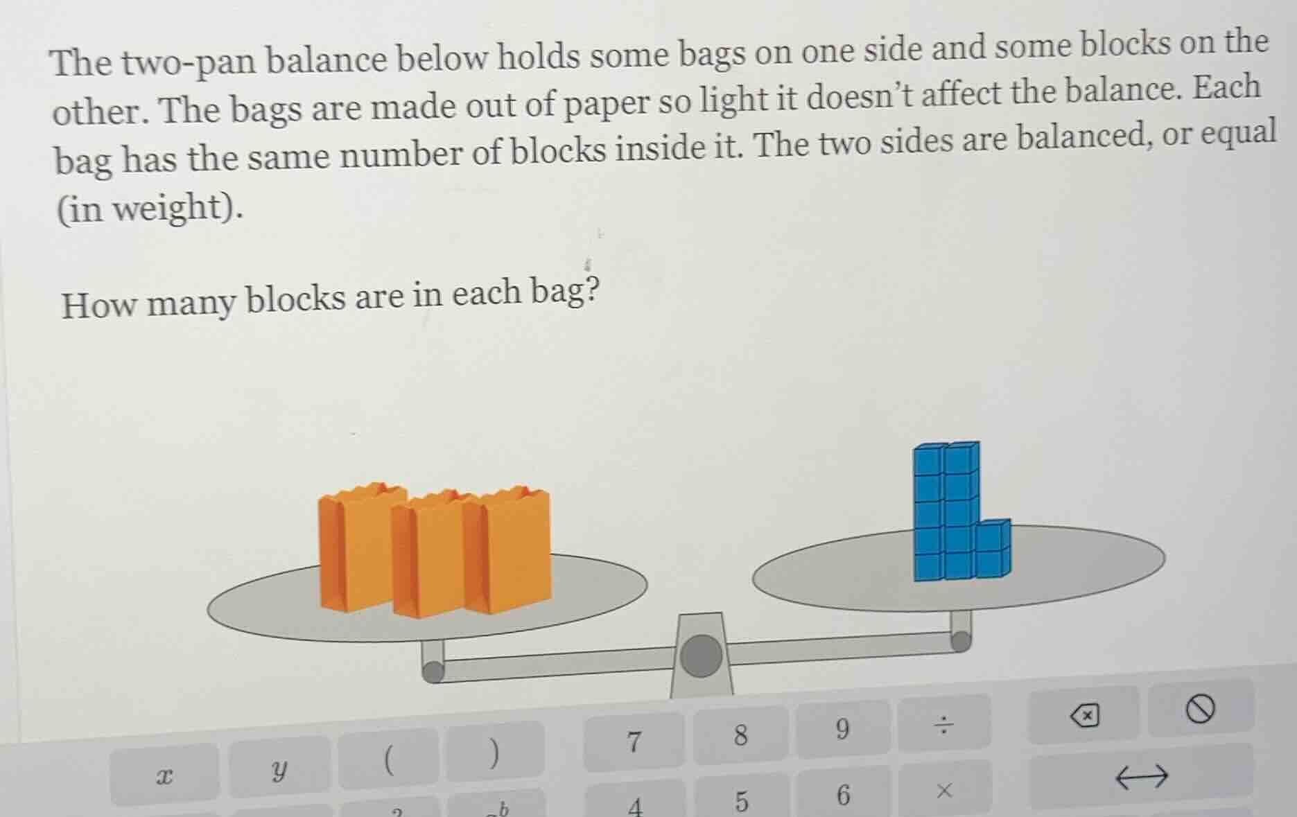 the two-pan balance below holds some bags on one side and some blocks o…