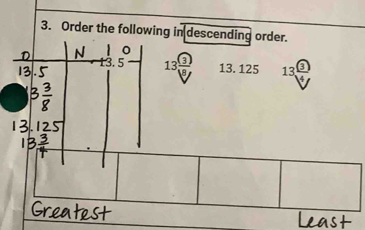 3. order the following in descending order. 13.5 $13\\frac{3}{8}$ 13.12…