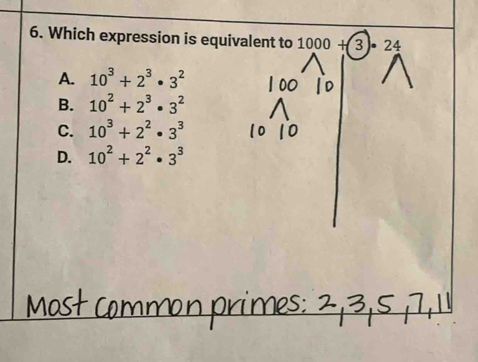 6. which expression is equivalent to $1000 + 3 \\cdot 24$a. $10^{3} + 2…