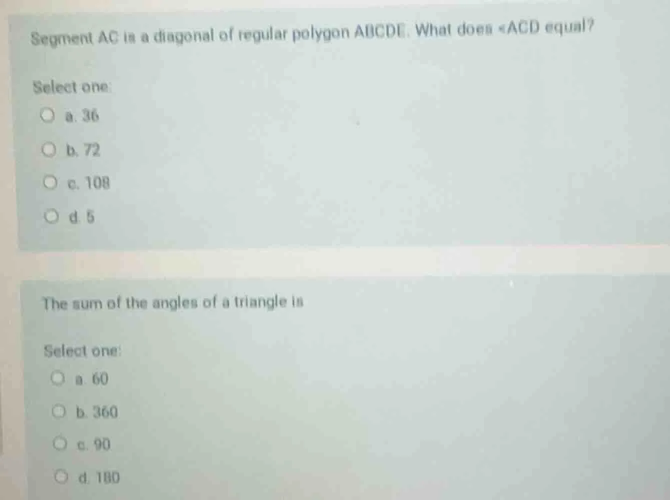 segment ac is a diagonal of regular polygon abcde. what does ∠acd equal…