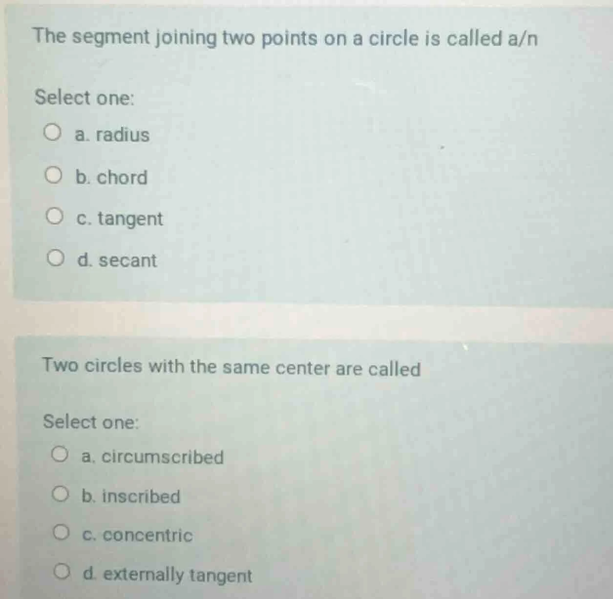 the segment joining two points on a circle is called a/n select one: a.…
