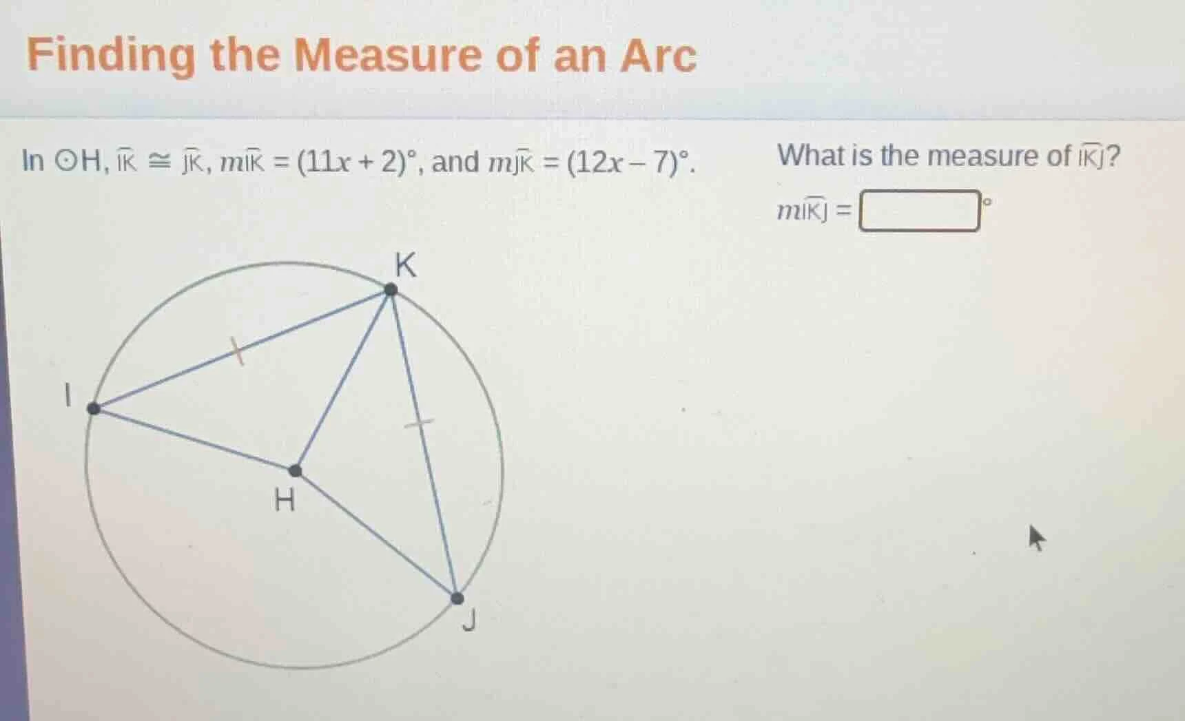 finding the measure of an arc in $odot h$, $overparen{ik} cong overpare…