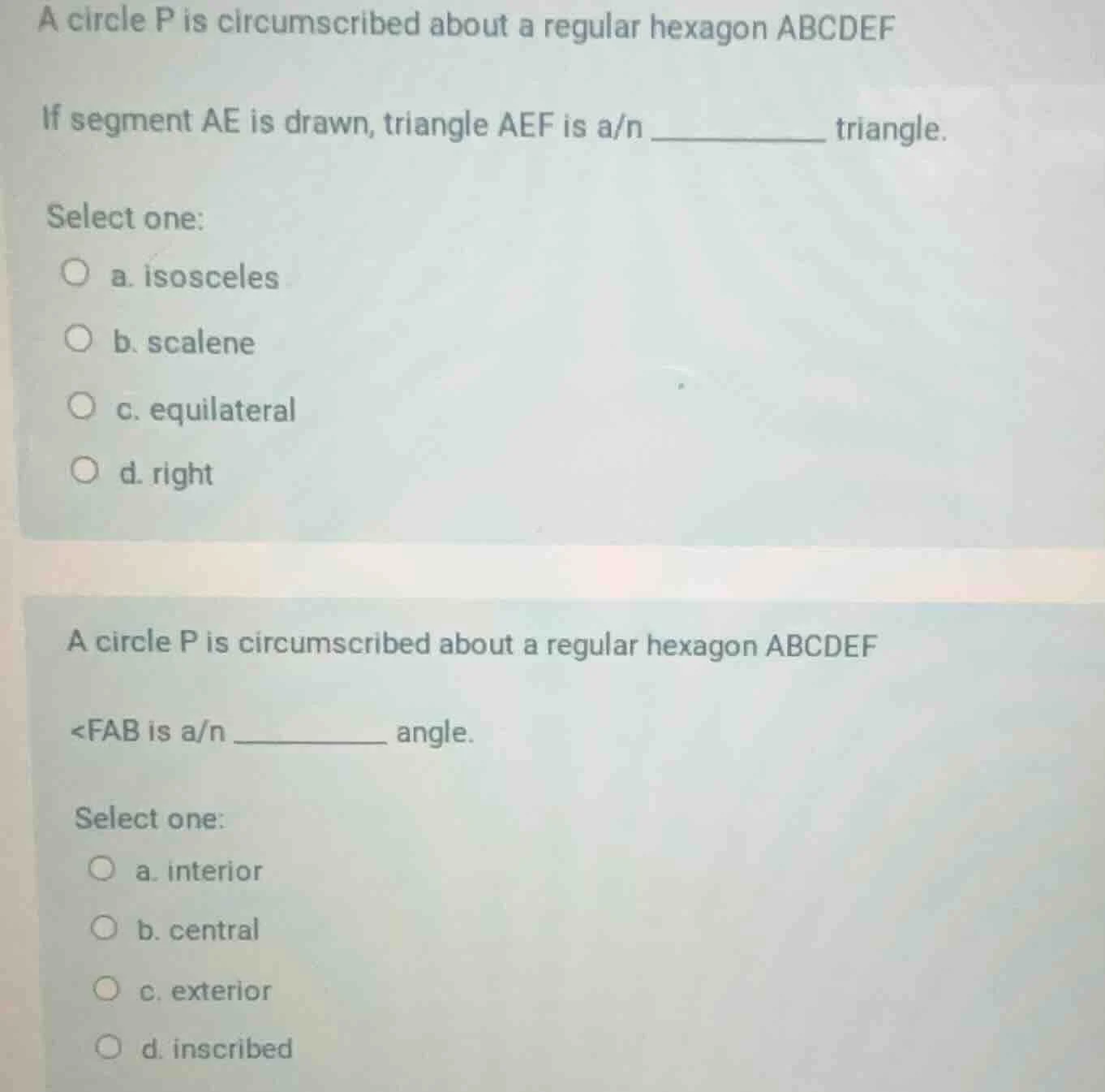 a circle p is circumscribed about a regular hexagon abcdef if segment a…