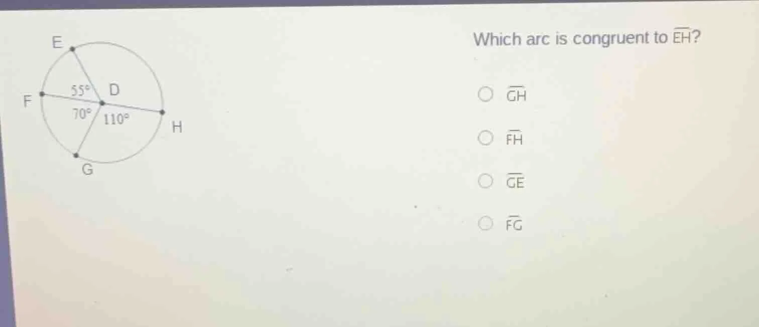 which arc is congruent to $widehat{eh}$?$\bigcirc$ $widehat{gh}$$\bigci…