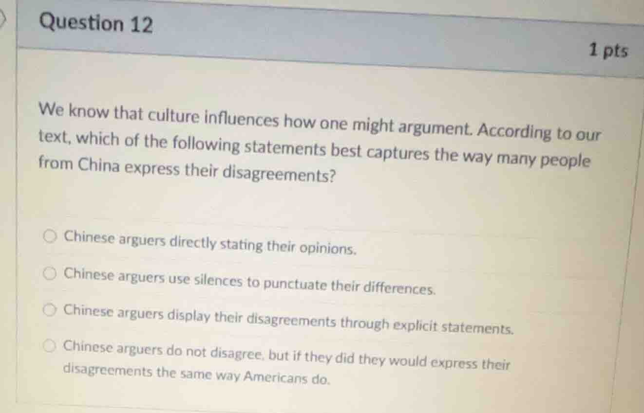 question 12 1 pts we know that culture influences how one might argumen…