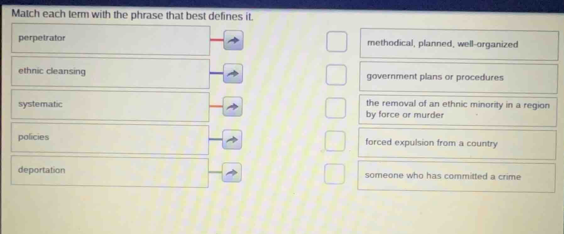 match each term with the phrase that best defines it. perpetrator ethni…