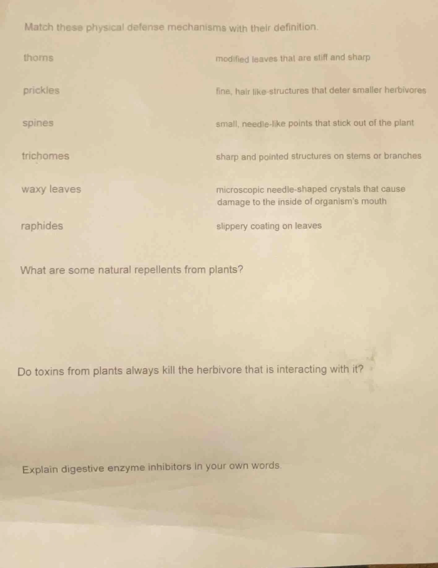 match these physical defense mechanisms with their definition. thorns m…