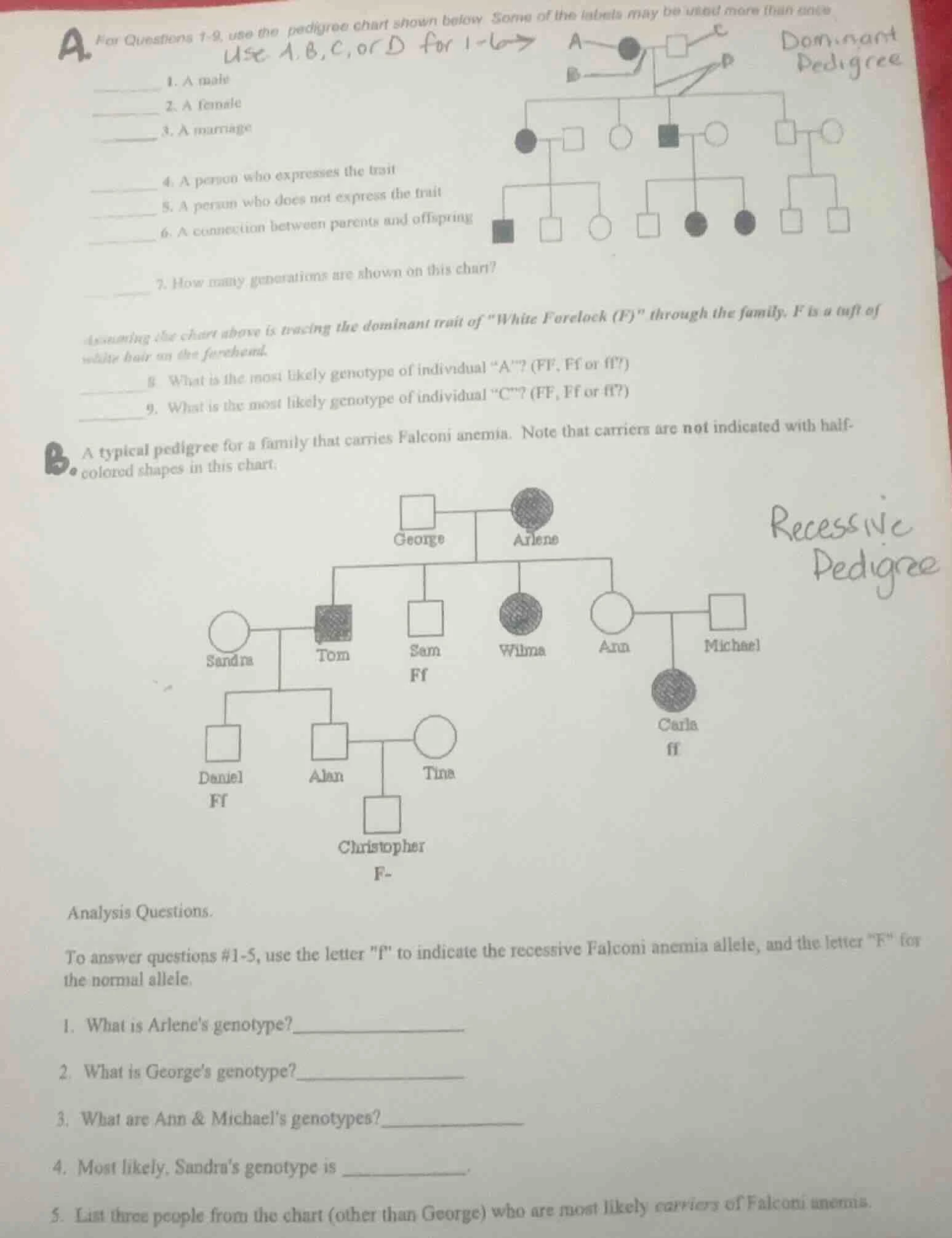 afor questions 1-9, use the pedigree chart shown below. some of the lab…