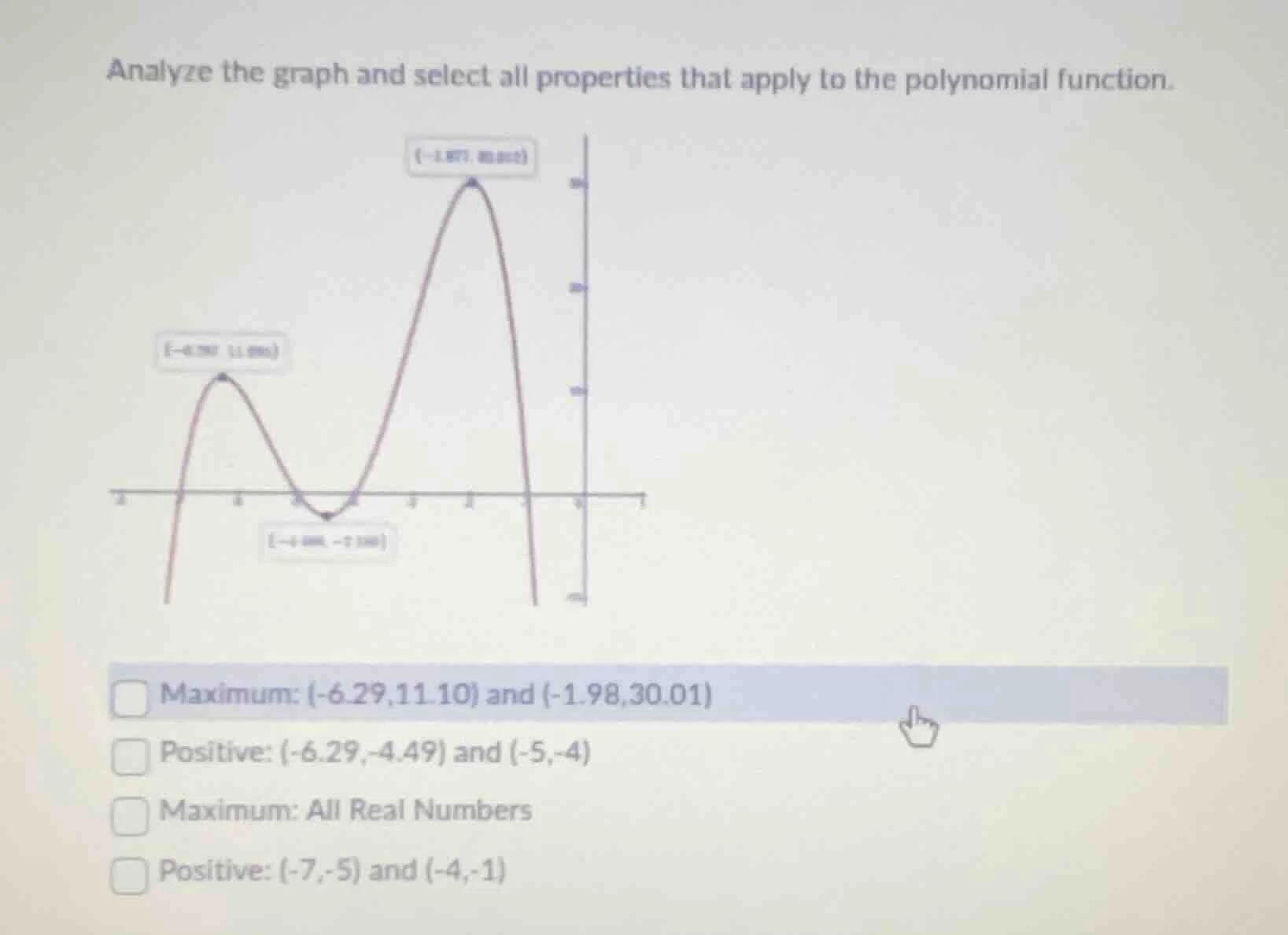 analyze the graph and select all properties that apply to the polynomia…