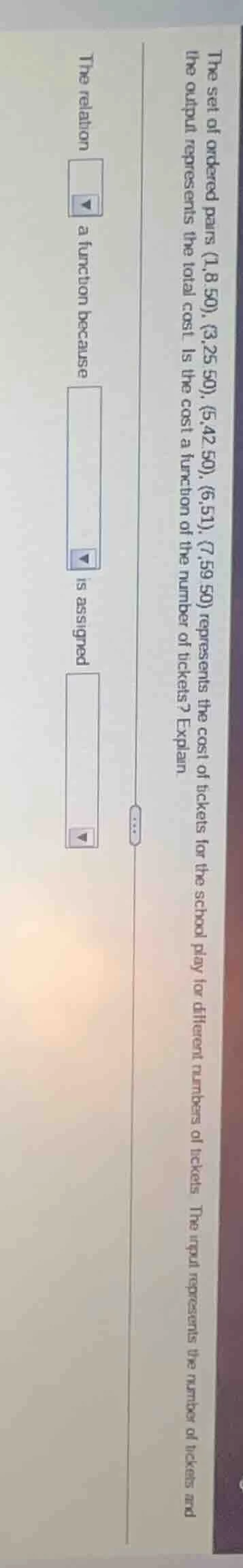 the set of ordered pairs (1,8.50), (3,25.50), (5,42.50), (6,51), (7,59.…