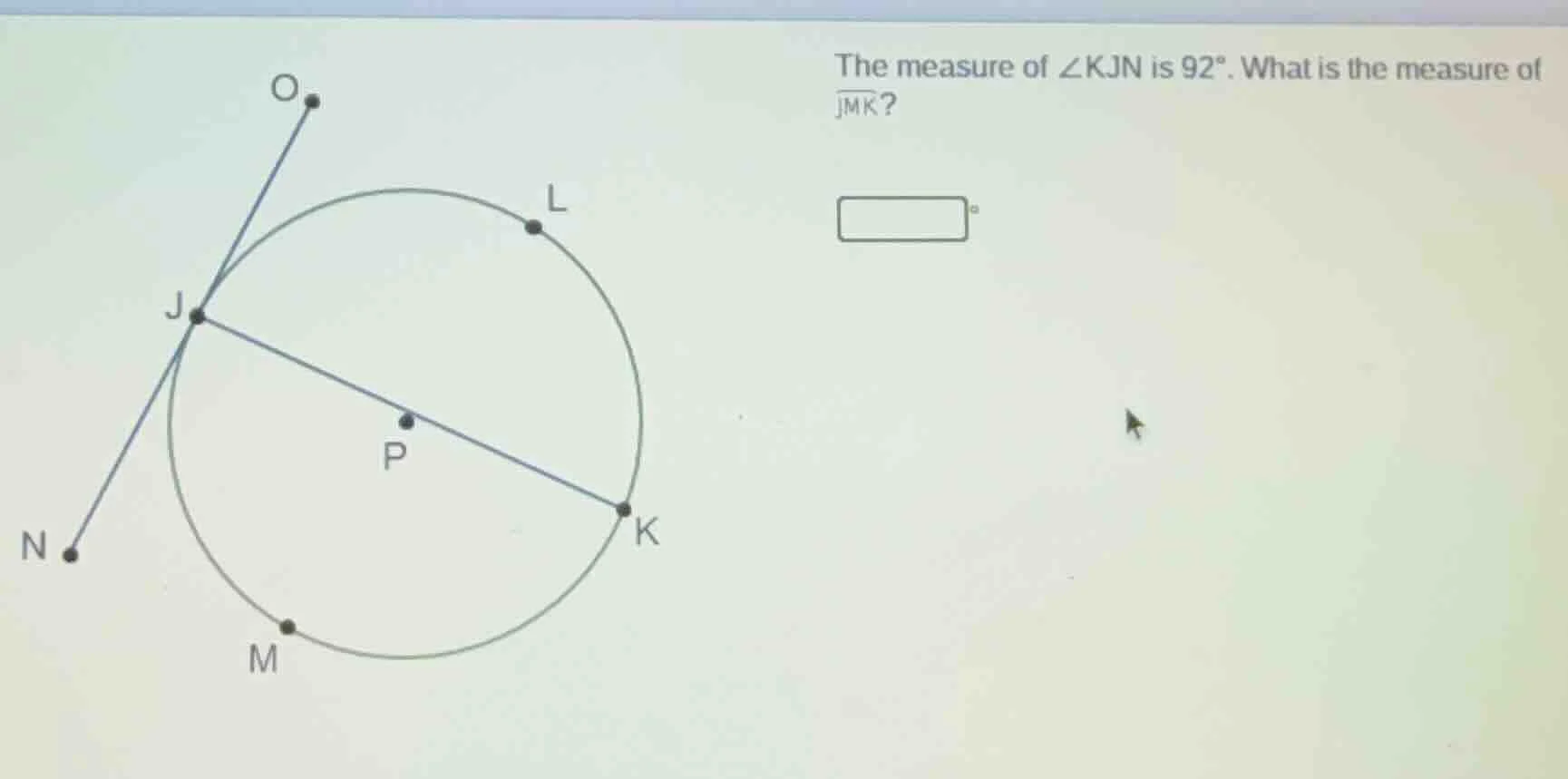 the measure of $angle kjn$ is $92^\\circ$. what is the measure of $over…